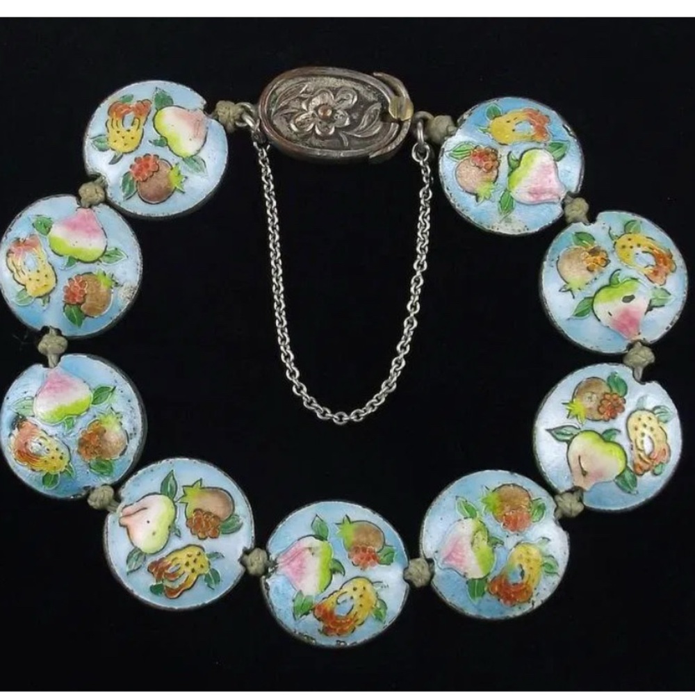 Vintage Rare 1920’s Art Deco Era Cloisonné Bracelet Sterling Silver 7.5 in